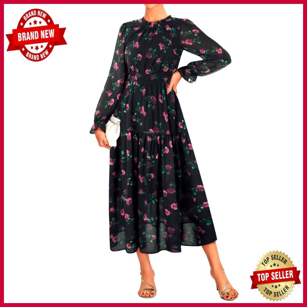 Long Sleeve Maxi Dress Flowy Chiffon Formal Elegant Wedding Guest Tiered